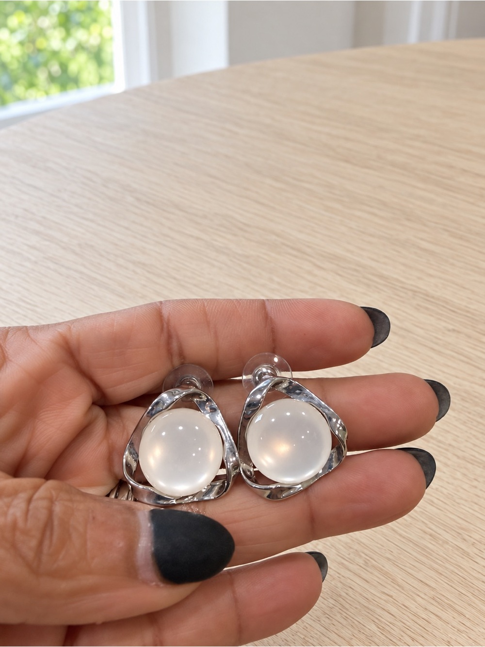 Silver Drop Earrings with White Opalescent Cabochon